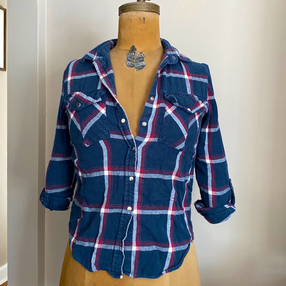 Navy Plaid Flannel Long Sleeve Shirt
